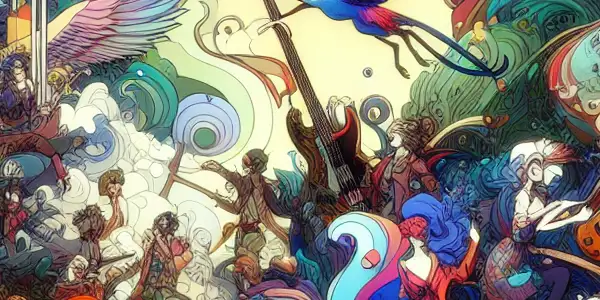 A vibrant, whimsical landscape with colorful characters in playful, fantastical scenarios inspired by adult animation themes.