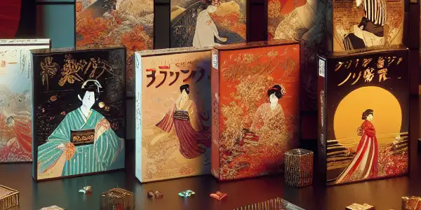 A collection of colorful Japanese adult film DVD covers displayed artistically with traditional motifs and ambient lighting.