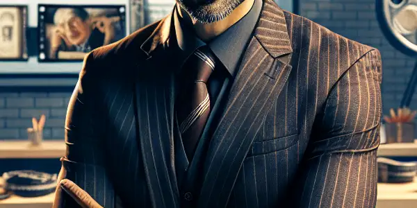 A confident adult educator in a virtual classroom, surrounded by film studies materials and a diverse online audience.