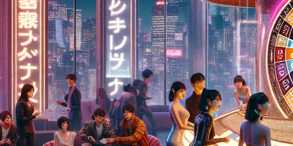 A lively underground lounge scene with young adults excitedly participating in a lottery for exclusive Japanese adult films.