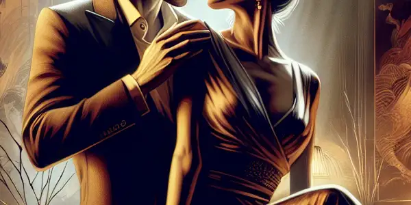 An elegant couple sharing an intimate moment in a dimly lit, luxurious room with romantic decor.