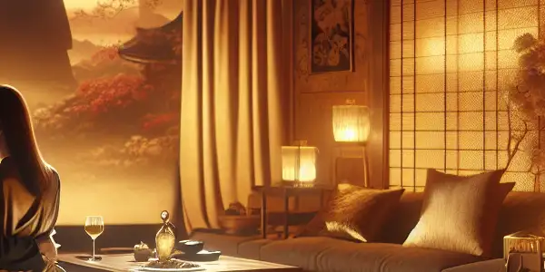A couple shares a passionate moment in a luxurious, softly lit Japanese-inspired room, evoking intimacy and romance.