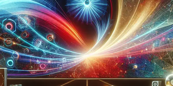 A modern living room featuring a high-definition screen displaying vibrant adult film art, with advanced technology and ambient lighting.