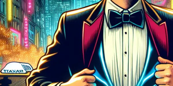 A confident taxi driver-turned-super spy stands heroically in a neon-lit city street, surrounded by vibrant urban life.