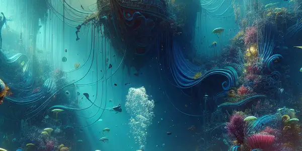 An underwater scene filled with vibrant marine life, shipwrecks, and an explorer marveling at the wonders.