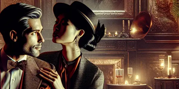 A sophisticated couple shares an intimate moment in a dimly lit, opulent British lounge.