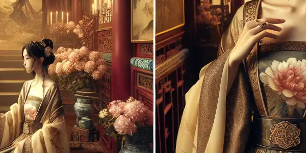 Yang Guifei in a lavish Tang Dynasty palace, blending traditional elegance with modern influences and vibrant colors.