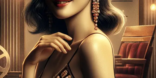 A glamorous Japanese actress exuding confidence in a stylish film set, surrounded by cinematic elements.