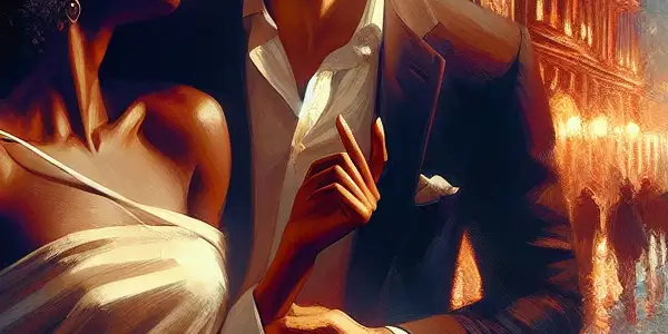 A couple in a passionate embrace in an intimate, warmly lit room, symbolizing love and adventure.