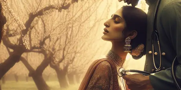 A tender embrace between two elegantly dressed characters in a blooming apricot grove, infused with warmth and emotion.